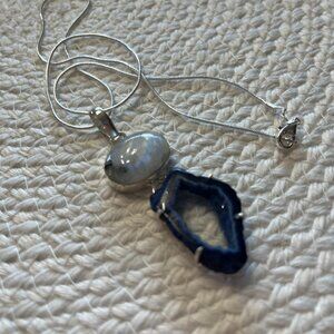 Beautiful AGATE GEODE SLICE & RAINBOW MOONSTONE Handmade Sterling 925 Pendant